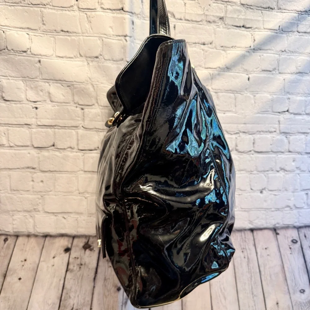 Barneys New York black glossy patent leather extra large tote bag carryall